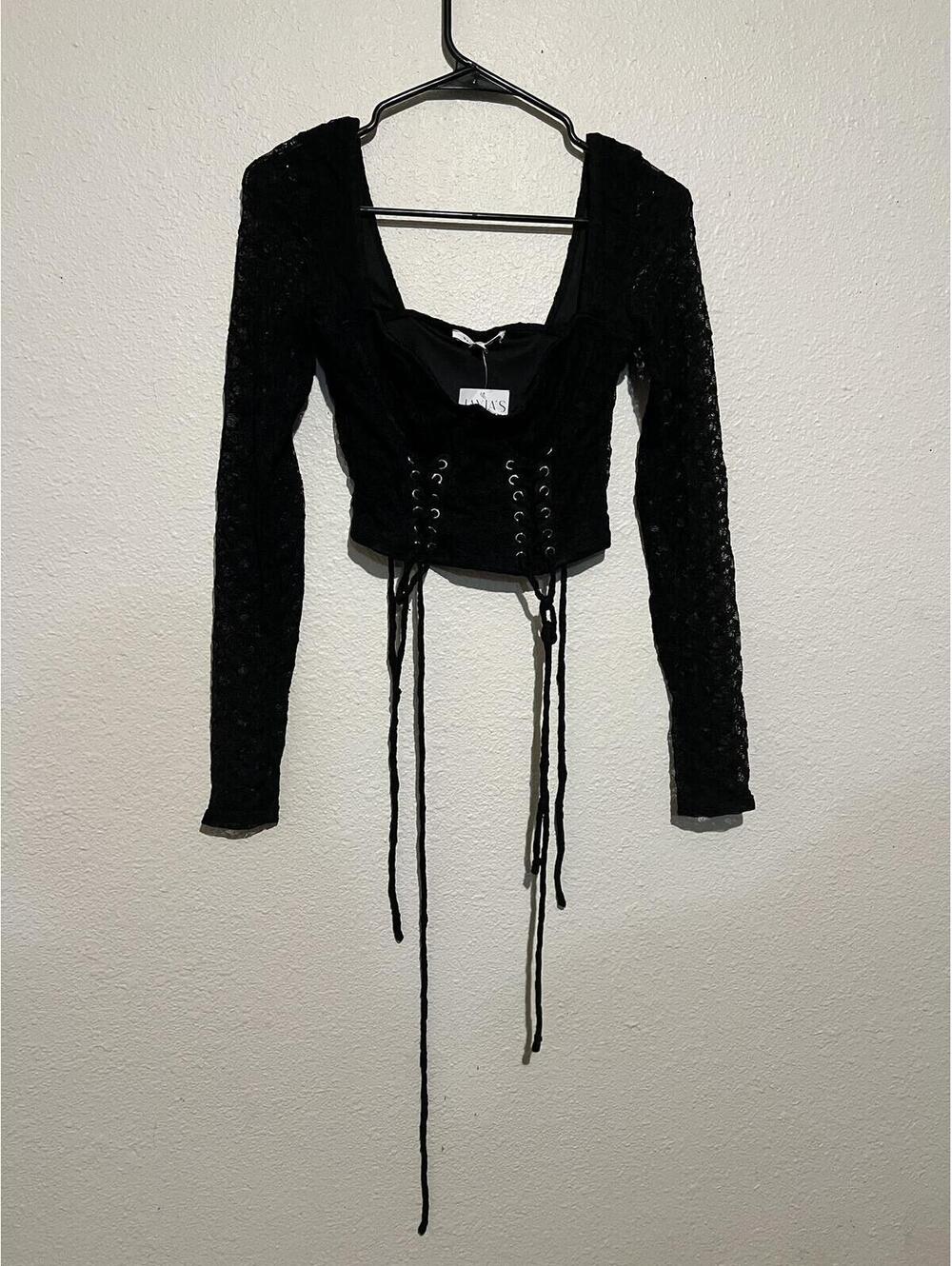 Black Lace Long Sleeve Crop Top Small NWT